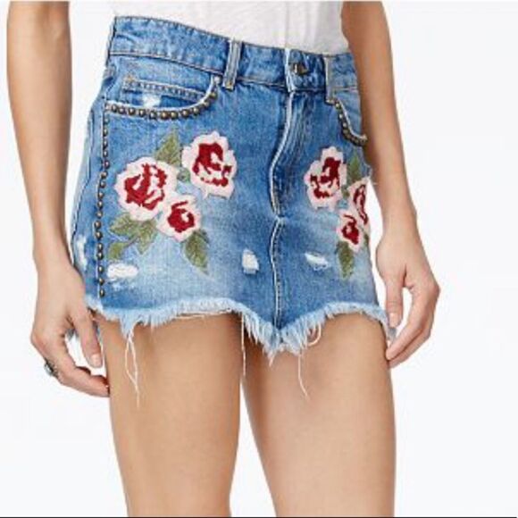 Free People Embroidered Denim Mini Skirt - Picture 2 of 8
